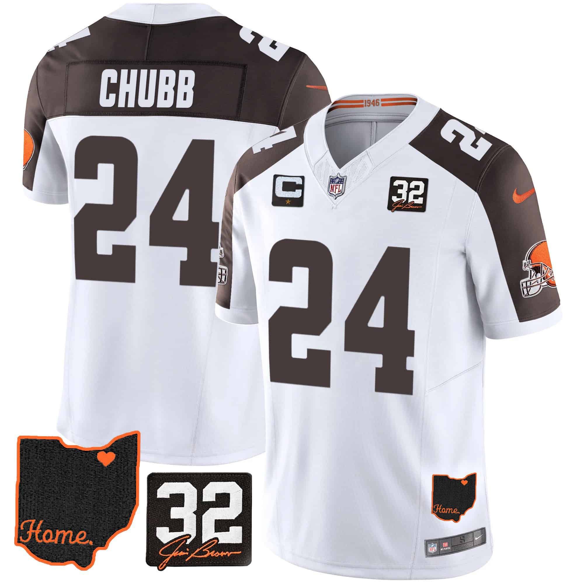 Men Cleveland Browns 24 Chubb White Memorial Home Patch 2024 Nike NFL Jersey style 1